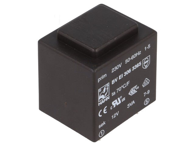 Transformator: ingegoten; 3VA; 230VAC; 12V; 250mA; PCB; BVEI Transformator: ingegoten; 3VA; 230VAC; 12V; 250mA; PCB; BVEI